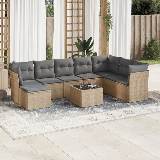 9-tlg. Garten-Sofagarnitur mit Kissen Beige Poly Rattan