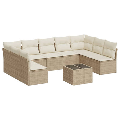 10-tlg. Garten-Sofagarnitur mit Kissen Beige Poly Rattan