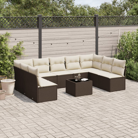 10-tlg. Garten-Sofagarnitur mit Kissen Braun Poly Rattan