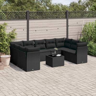 10-tlg. Garten-Sofagarnitur mit Kissen Schwarz Poly Rattan