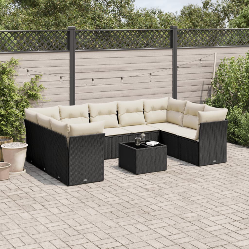 10-tlg. Garten-Sofagarnitur mit Kissen Schwarz Poly Rattan