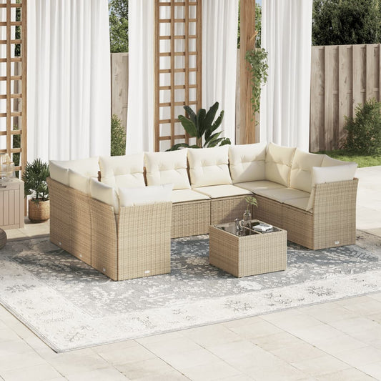 10-tlg. Garten-Sofagarnitur mit Kissen Beige Poly Rattan