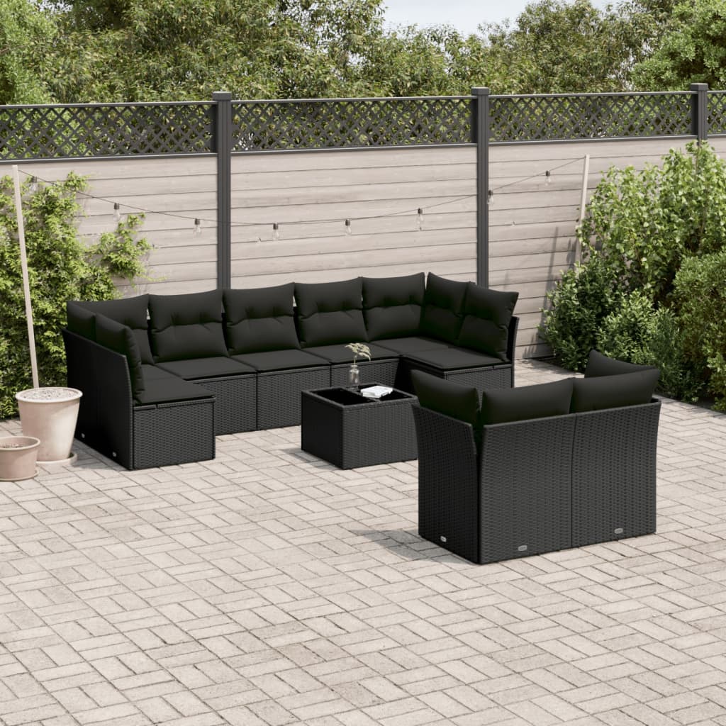 10-tlg. Garten-Sofagarnitur mit Kissen Schwarz Poly Rattan