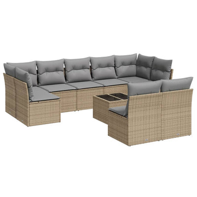 10-tlg. Garten-Sofagarnitur mit Kissen Beige Poly Rattan