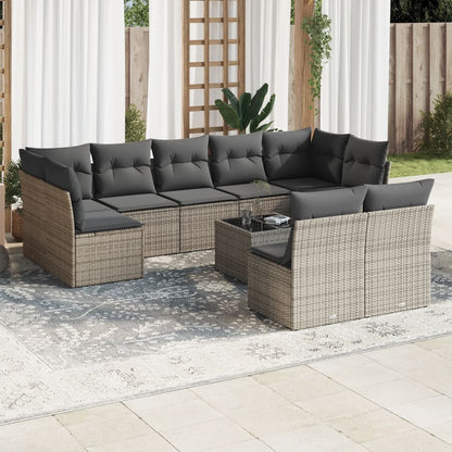 10-tlg. Garten-Sofagarnitur mit Kissen Grau Poly Rattan