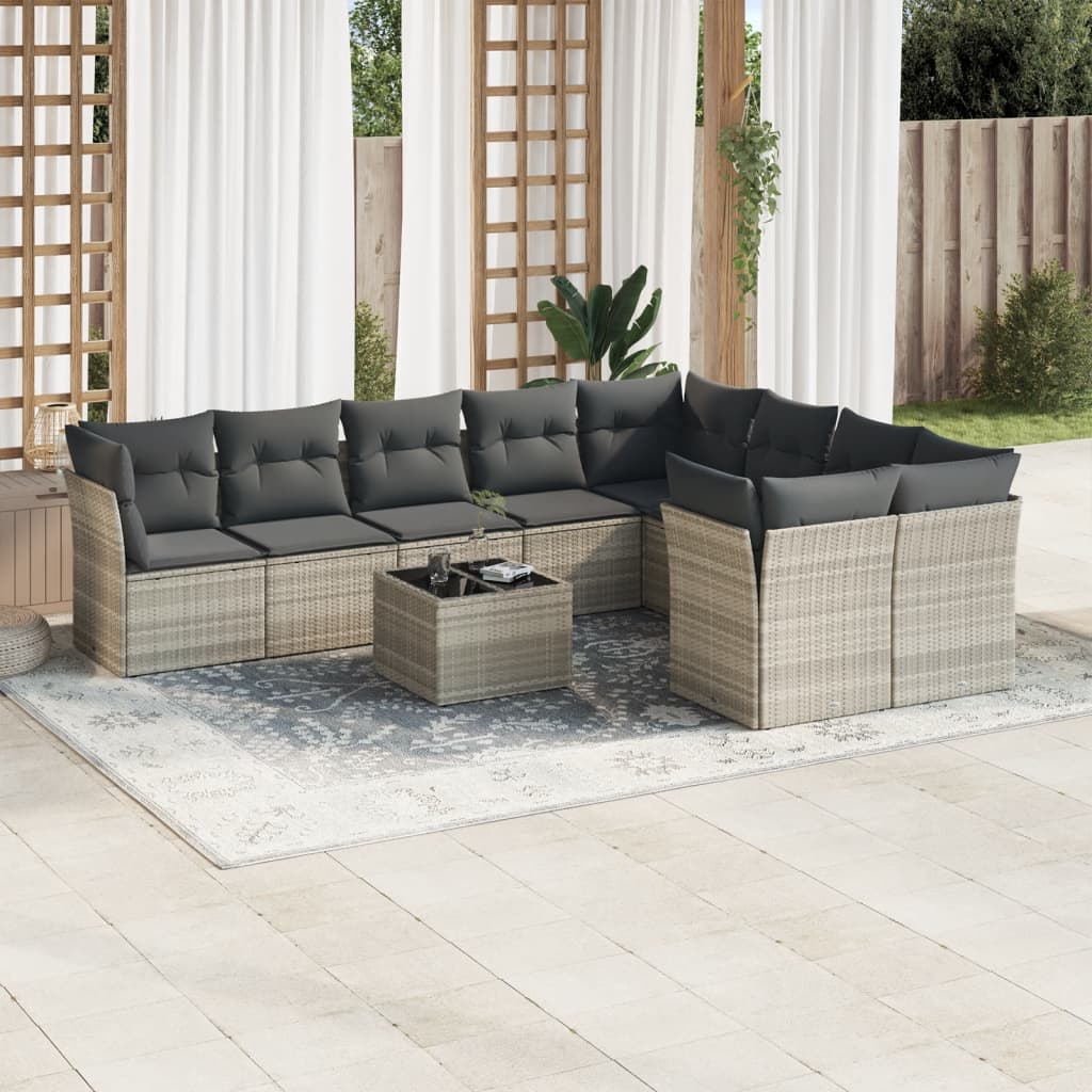 10-tlg. Garten-Sofagarnitur mit Kissen Hellgrau Poly Rattan