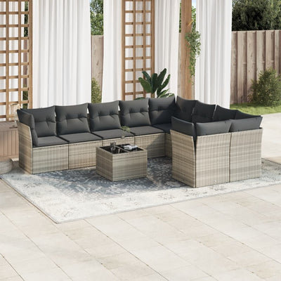 10-tlg. Garten-Sofagarnitur mit Kissen Hellgrau Poly Rattan