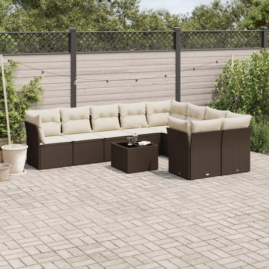 10-tlg. Garten-Sofagarnitur mit Kissen Braun Poly Rattan