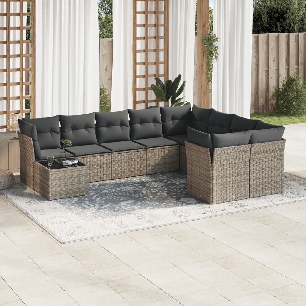 10-tlg. Garten-Sofagarnitur mit Kissen Grau Poly Rattan