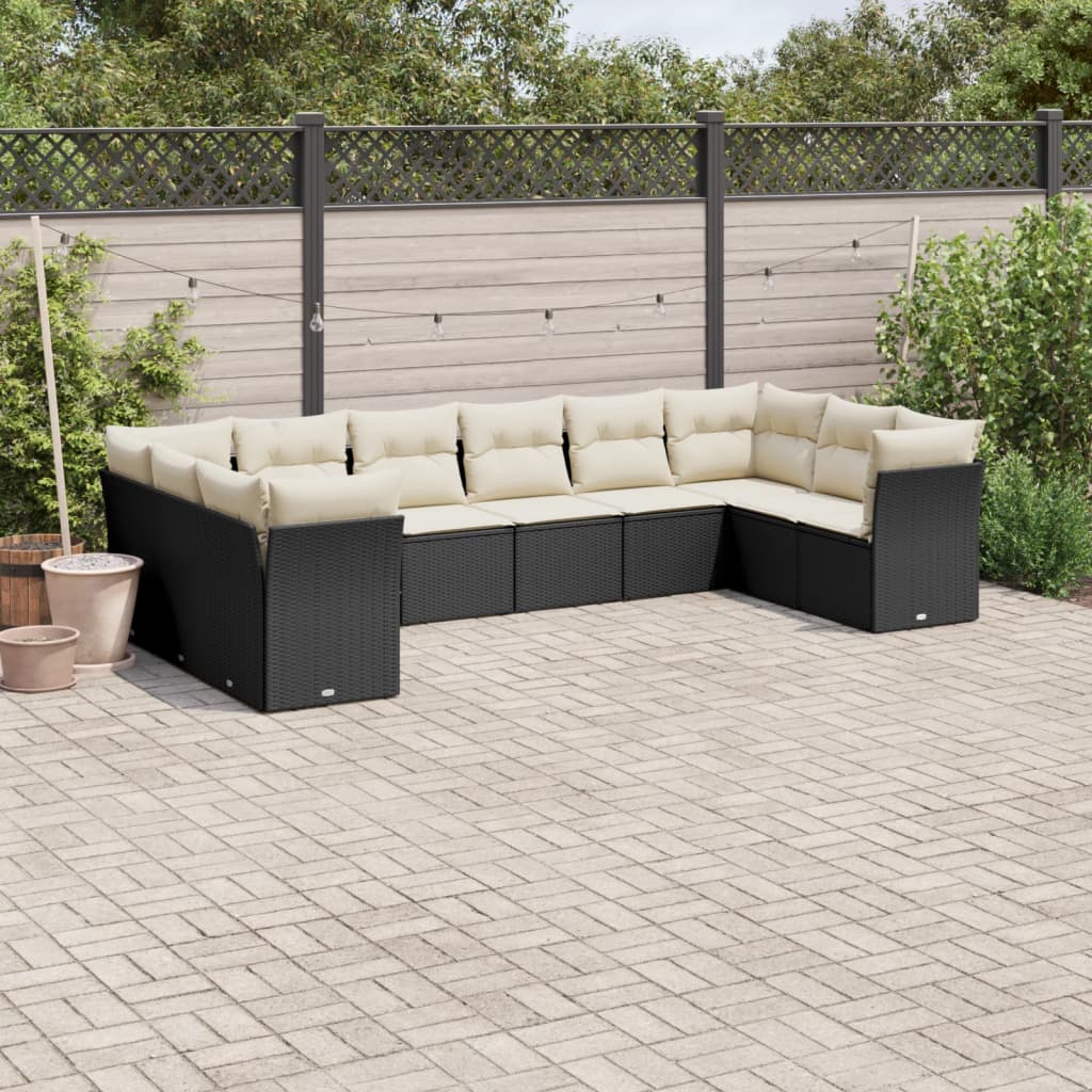 10-tlg. Garten-Sofagarnitur mit Kissen Schwarz Poly Rattan