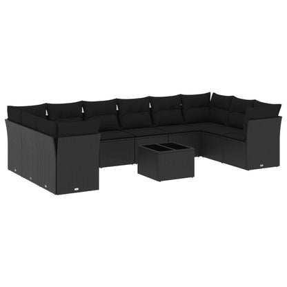 11-tlg. Garten-Sofagarnitur mit Kissen Schwarz Poly Rattan