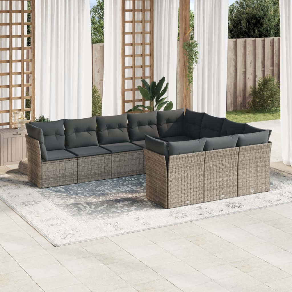 10-tlg. Garten-Sofagarnitur mit Kissen Grau Poly Rattan