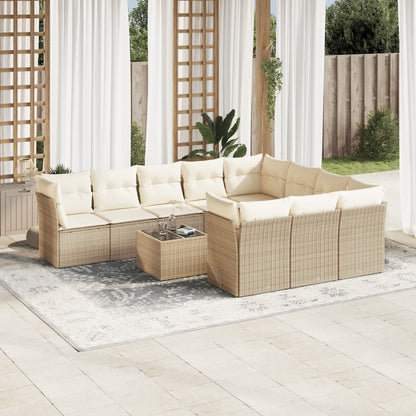 11-tlg. Garten-Sofagarnitur mit Kissen Beige Poly Rattan