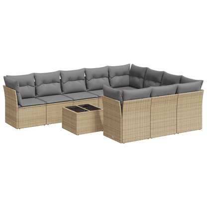 11-tlg. Garten-Sofagarnitur mit Kissen Beige Poly Rattan