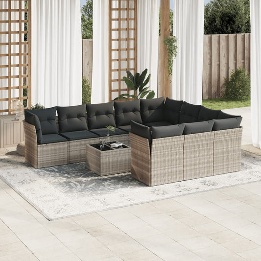 11-tlg. Garten-Sofagarnitur mit Kissen Hellgrau Poly Rattan