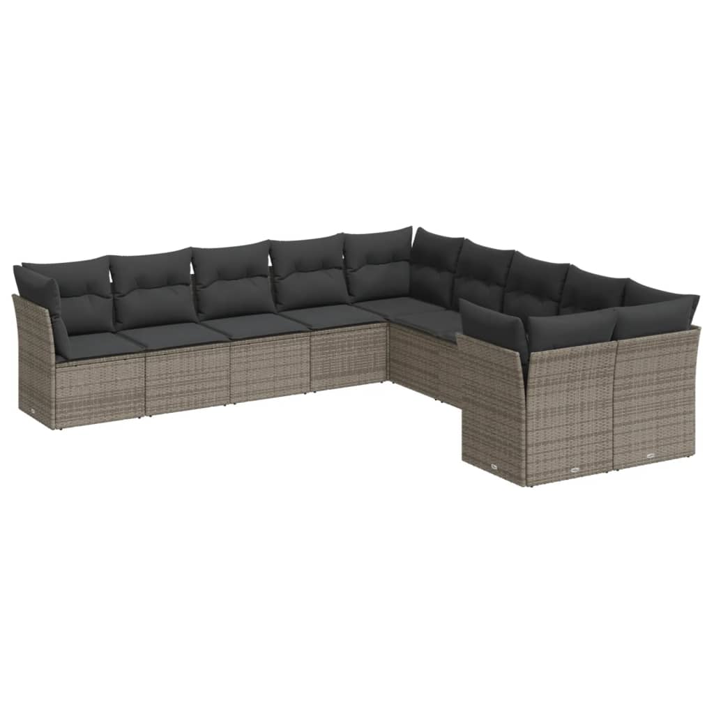 10-tlg. Garten-Sofagarnitur mit Kissen Grau Poly Rattan