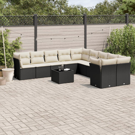 11-tlg. Garten-Sofagarnitur mit Kissen Schwarz Poly Rattan