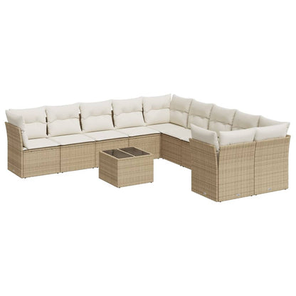 11-tlg. Garten-Sofagarnitur mit Kissen Beige Poly Rattan