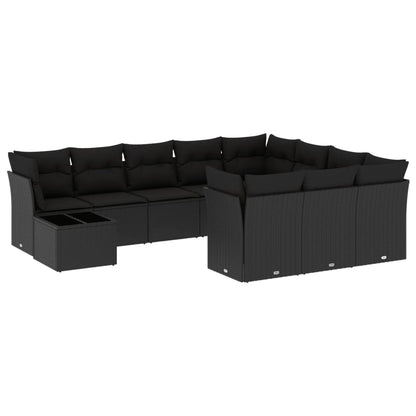 11-tlg. Garten-Sofagarnitur mit Kissen Schwarz Poly Rattan