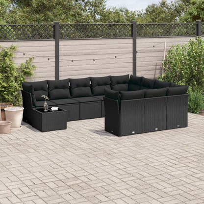 11-tlg. Garten-Sofagarnitur mit Kissen Schwarz Poly Rattan