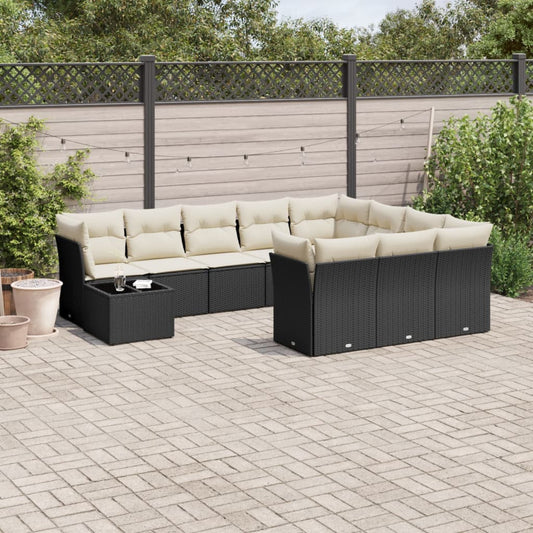 11-tlg. Garten-Sofagarnitur mit Kissen Schwarz Poly Rattan