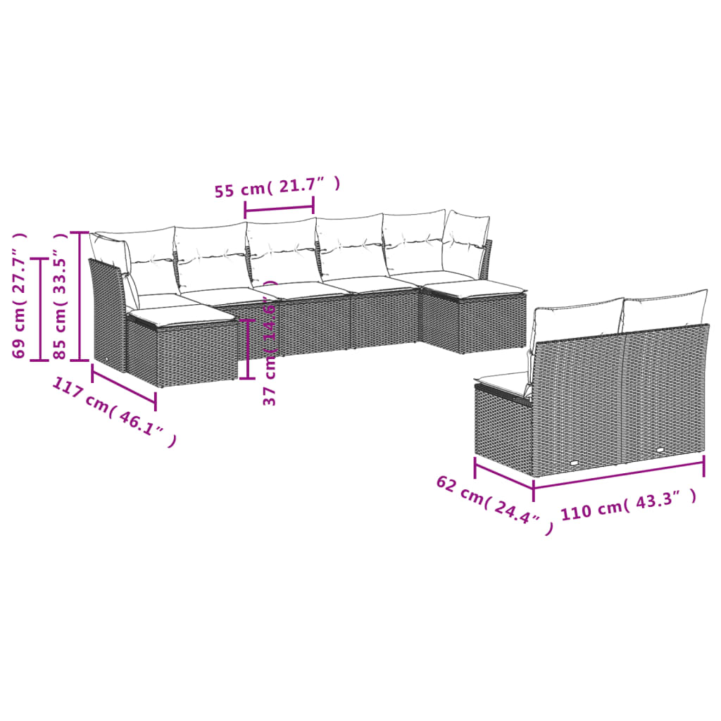 9-tlg. Garten-Sofagarnitur mit Kissen Braun Poly Rattan