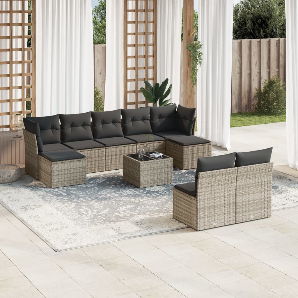 10-tlg. Garten-Sofagarnitur mit Kissen Grau Poly Rattan