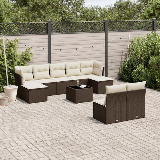 10-tlg. Garten-Sofagarnitur mit Kissen Braun Poly Rattan