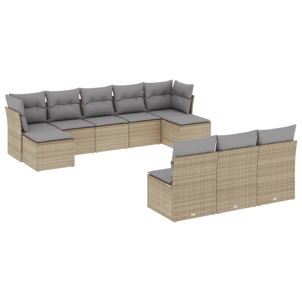 10-tlg. Garten-Sofagarnitur mit Kissen Beige Poly Rattan