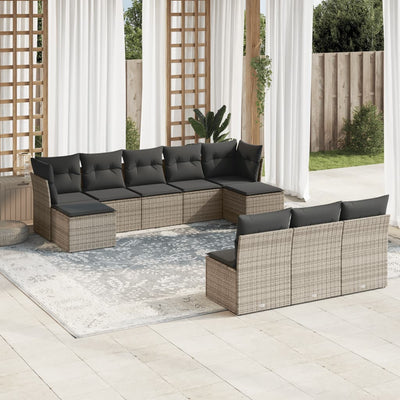 10-tlg. Garten-Sofagarnitur mit Kissen Grau Poly Rattan