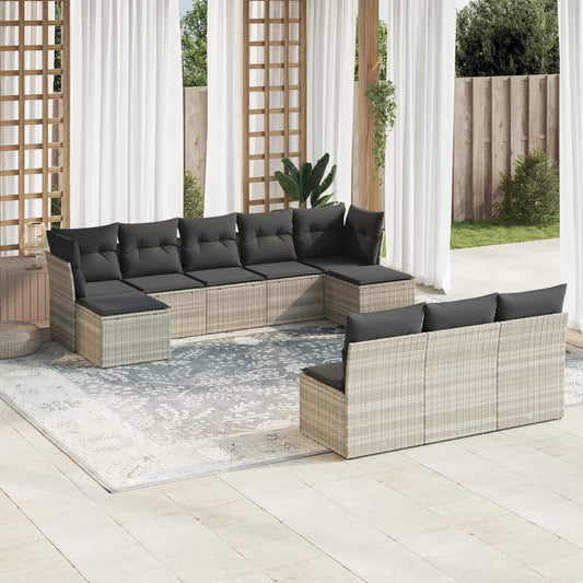 10-tlg. Garten-Sofagarnitur mit Kissen Hellgrau Poly Rattan