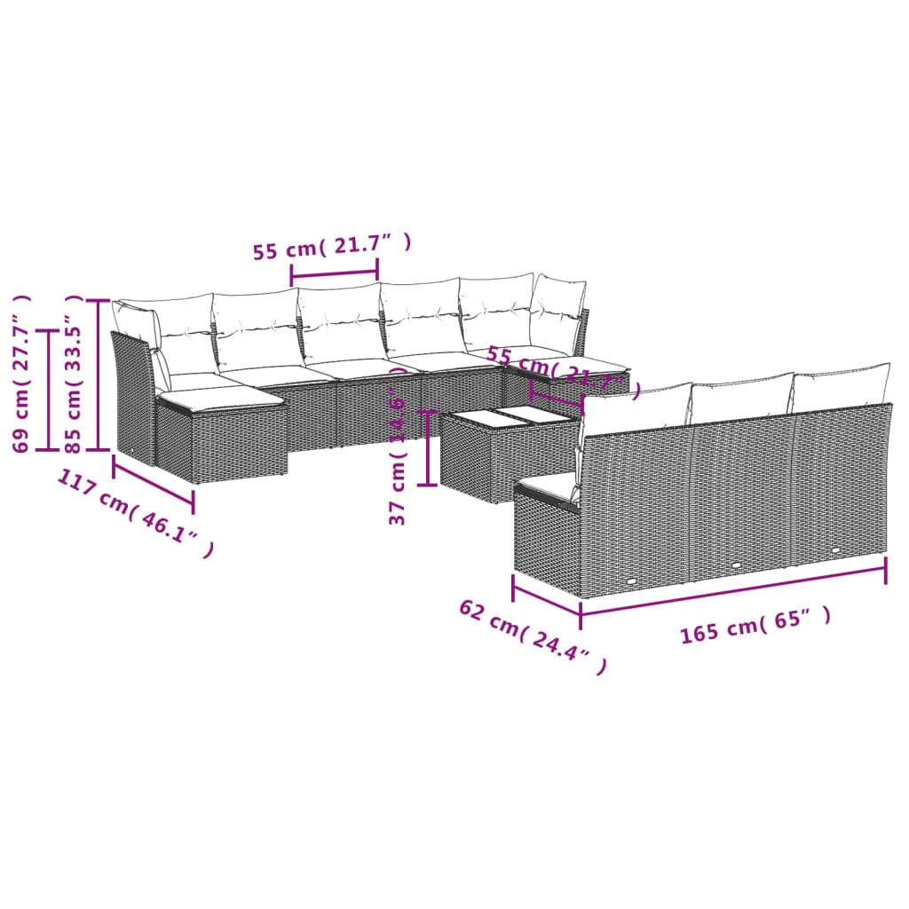 11-tlg. Garten-Sofagarnitur mit Kissen Grau Poly Rattan