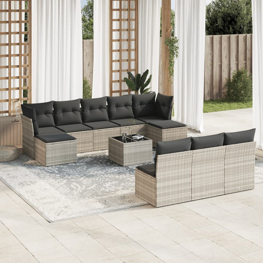 11-tlg. Garten-Sofagarnitur mit Kissen Hellgrau Poly Rattan