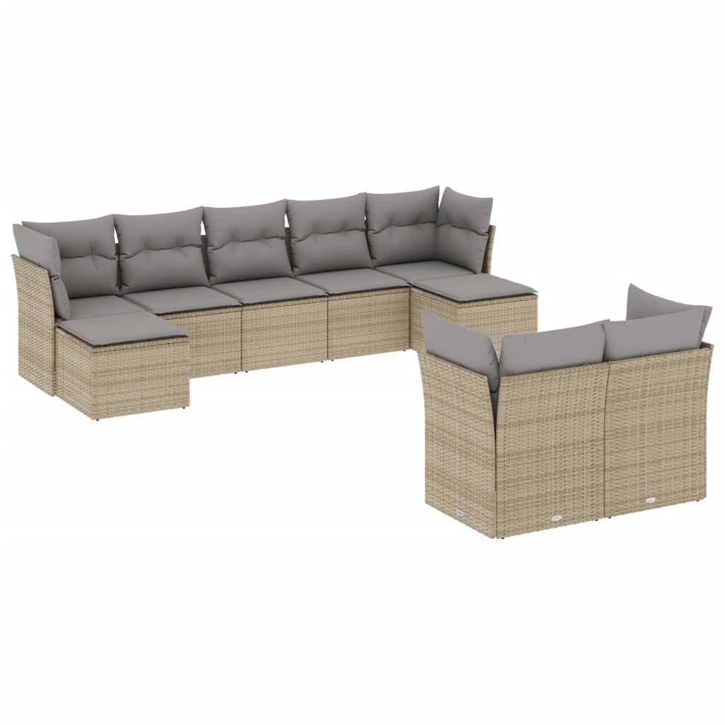 9-tlg. Garten-Sofagarnitur mit Kissen Beige Poly Rattan