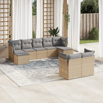 9-tlg. Garten-Sofagarnitur mit Kissen Beige Poly Rattan