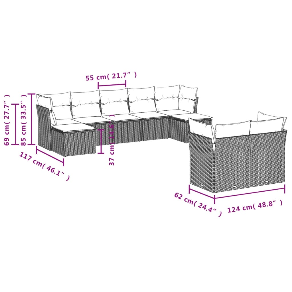 9-tlg. Garten-Sofagarnitur mit Kissen Braun Poly Rattan