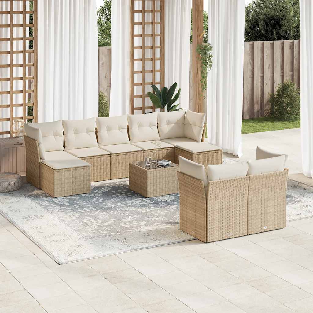 10-tlg. Garten-Sofagarnitur mit Kissen Beige Poly Rattan