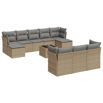 11-tlg. Garten-Sofagarnitur mit Kissen Beige Poly Rattan