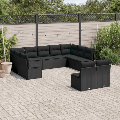 11-tlg. Garten-Sofagarnitur mit Kissen Schwarz Poly Rattan