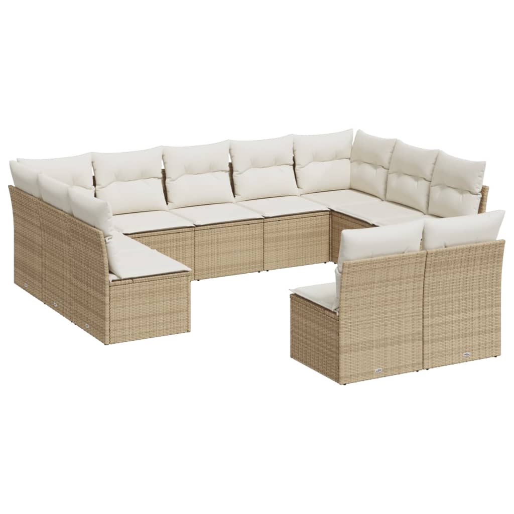 11-tlg. Garten-Sofagarnitur mit Kissen Beige Poly Rattan