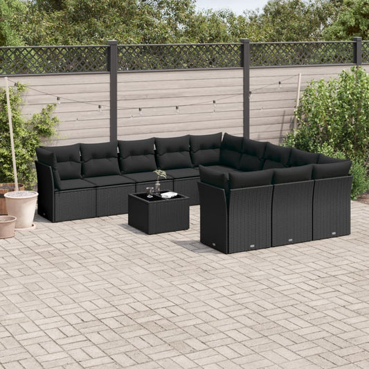 12-tlg. Garten-Sofagarnitur mit Kissen Schwarz Poly Rattan