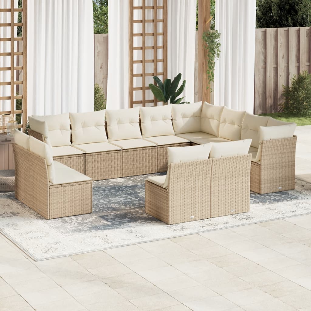 12-tlg. Garten-Sofagarnitur mit Kissen Beige Poly Rattan