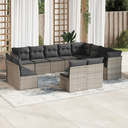 12-tlg. Garten-Sofagarnitur mit Kissen Grau Poly Rattan