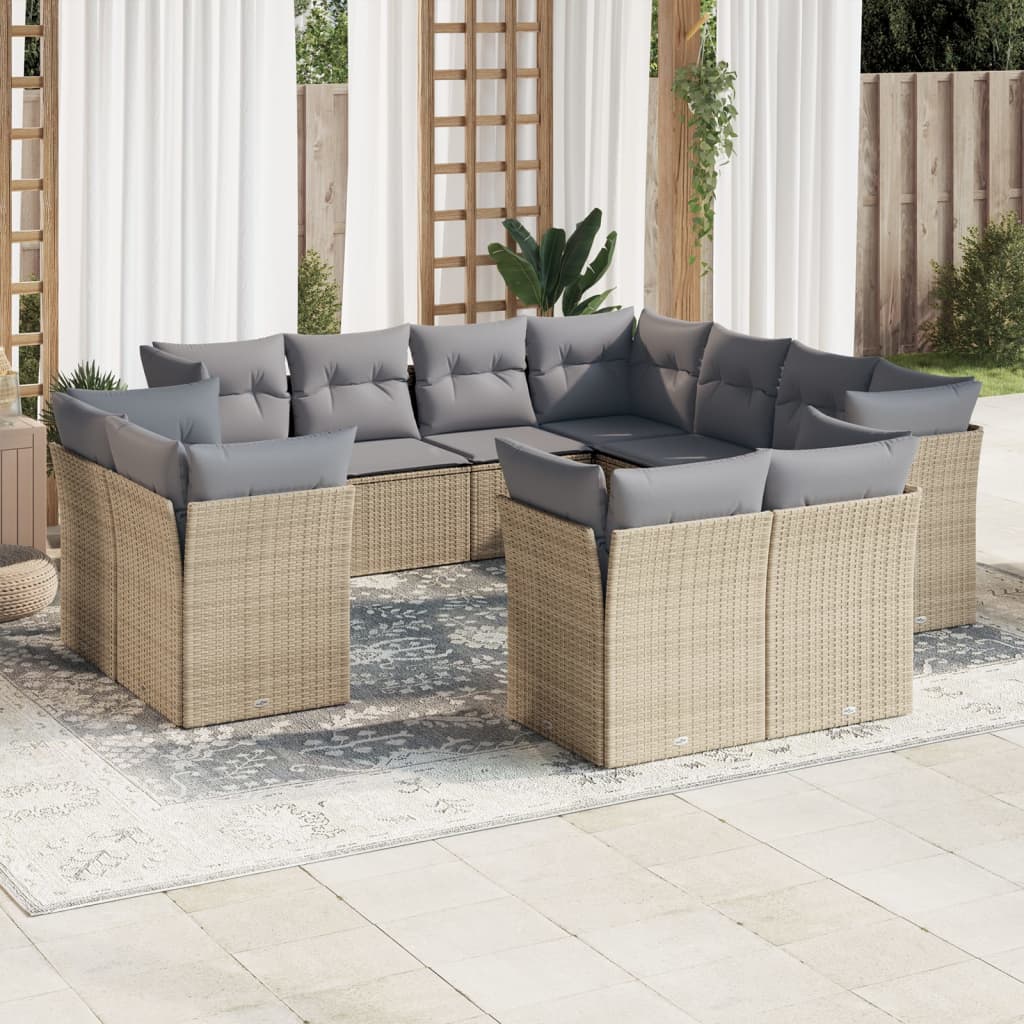 11-tlg. Garten-Sofagarnitur mit Kissen Beige Poly Rattan