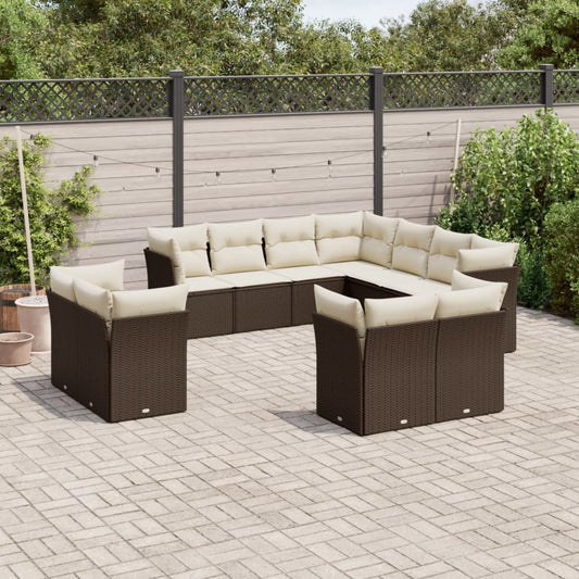 11-tlg. Garten-Sofagarnitur mit Kissen Braun Poly Rattan