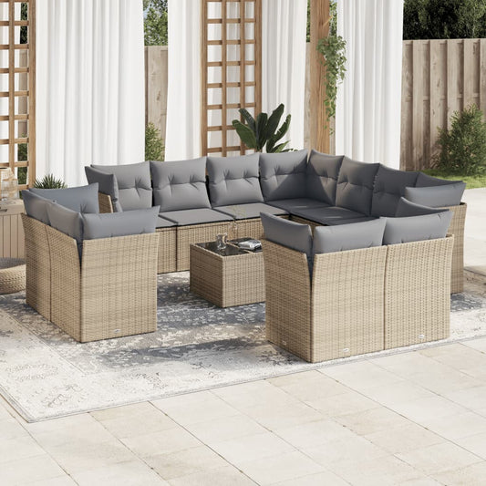 12-tlg. Garten-Sofagarnitur mit Kissen Beige Poly Rattan