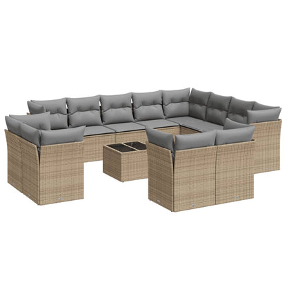 13-tlg. Garten-Sofagarnitur mit Kissen Beige Poly Rattan