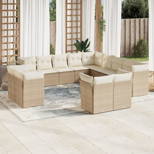 13-tlg. Garten-Sofagarnitur mit Kissen Beige Poly Rattan