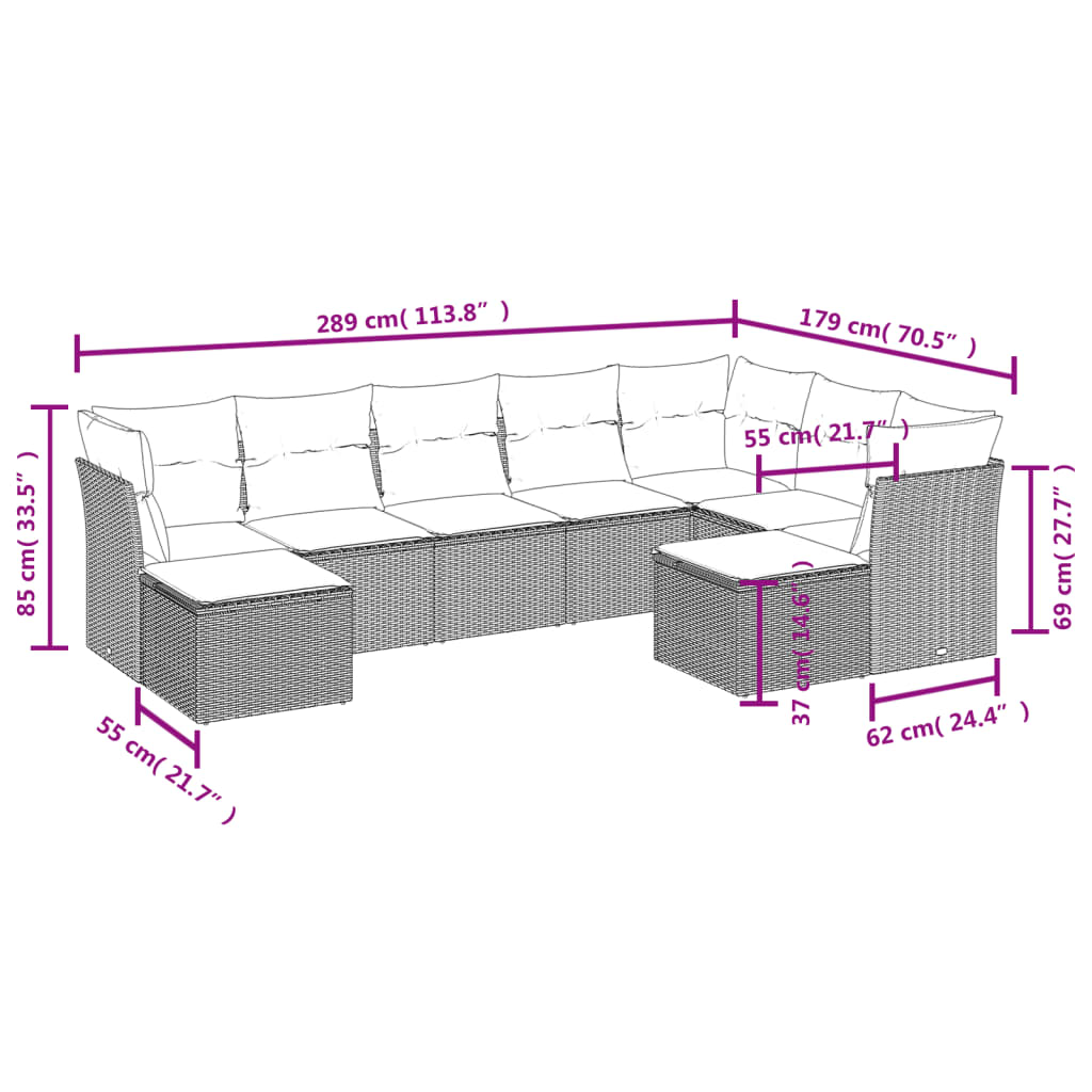 9-tlg. Garten-Sofagarnitur mit Kissen Braun Poly Rattan