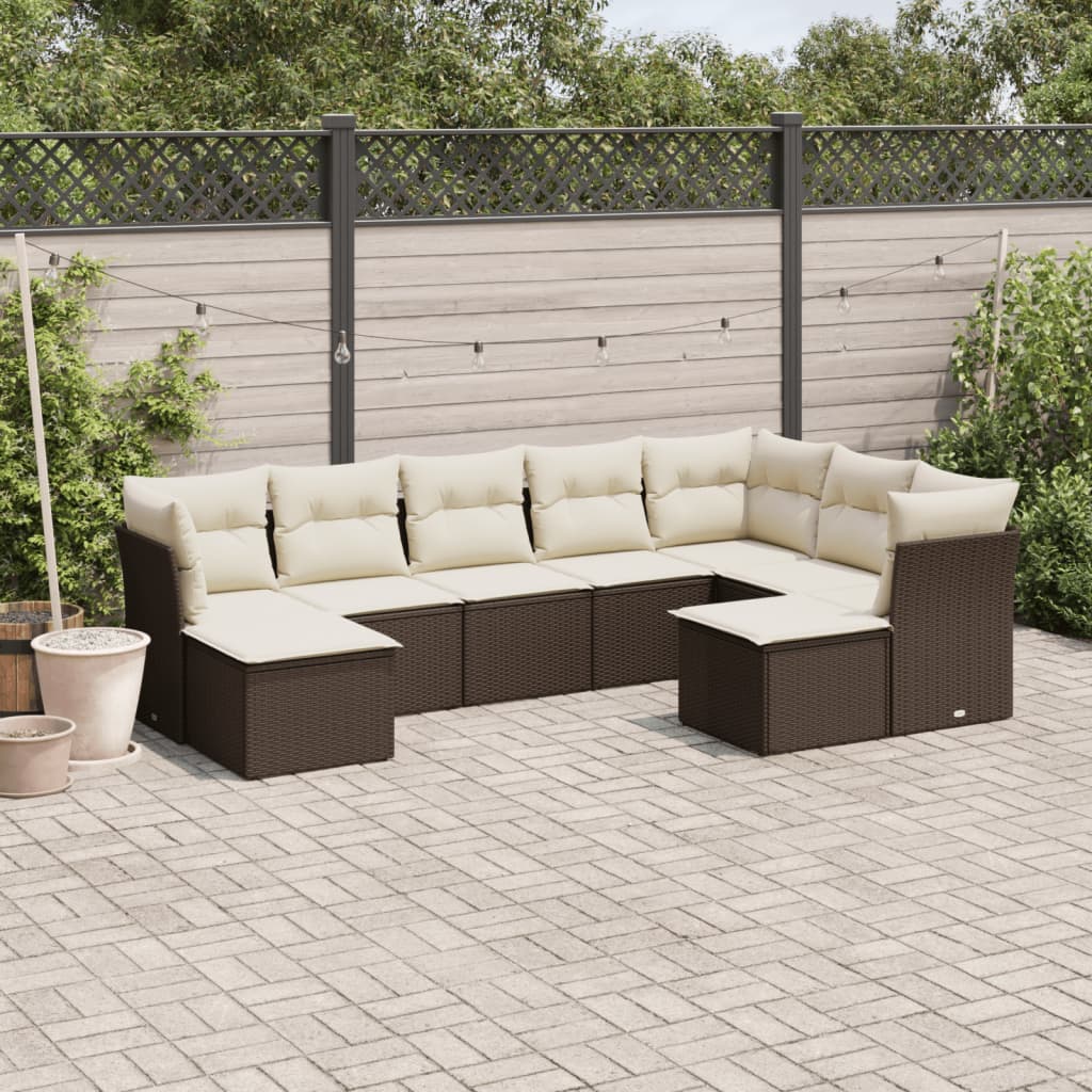 9-tlg. Garten-Sofagarnitur mit Kissen Braun Poly Rattan